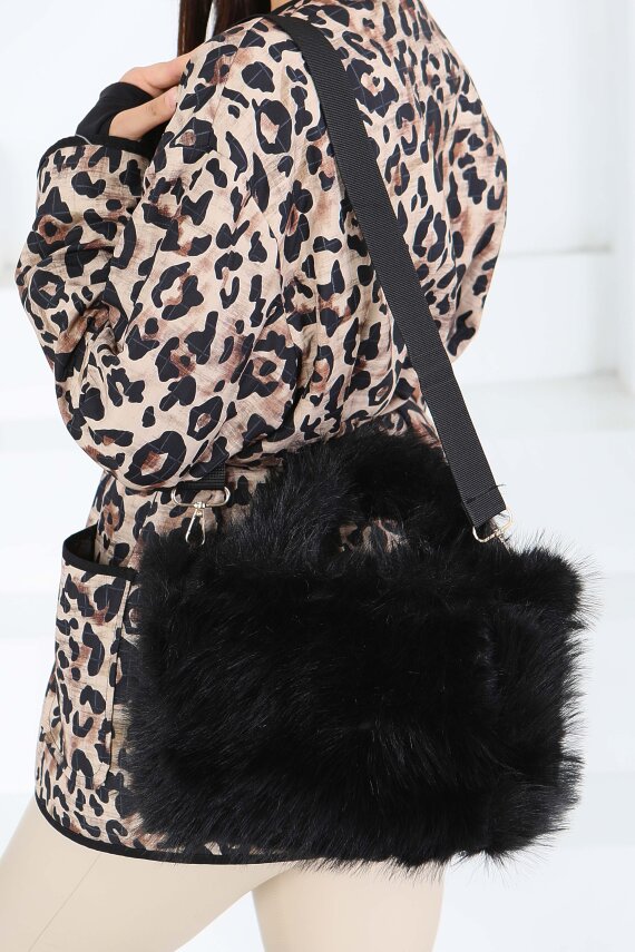 Kadın Siyah Kürklü El Çantası - 27841-SIYAH - 1