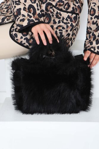 Kadın Siyah Kürklü El Çantası - 27841-SIYAH - 2