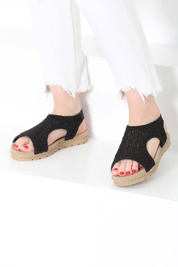 Kadın Siyah Nakış Hasırlı Sandalet - 27156 - 3