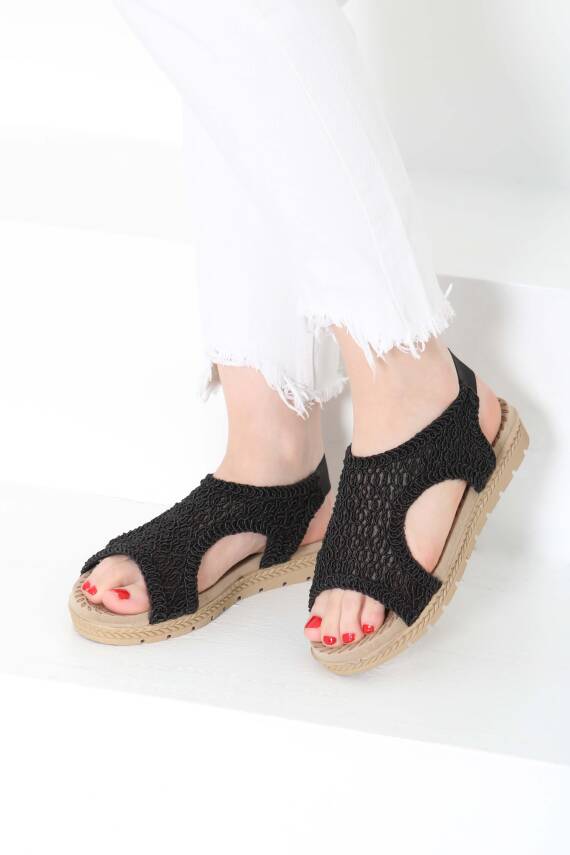 Kadın Siyah Nakış Hasırlı Sandalet - 27156 - 4