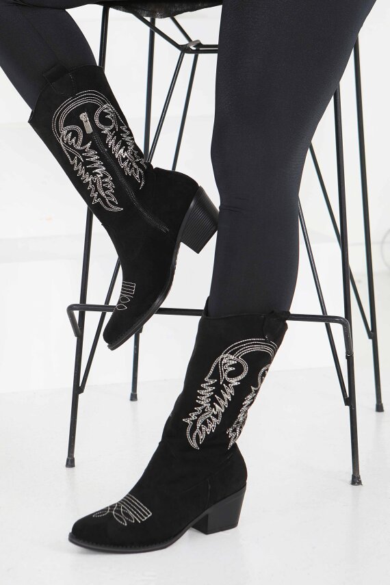 Kadın Siyah Nakışlı Kovboy Fermuarlı Süet Çizme - 27851-SIYAH - 1