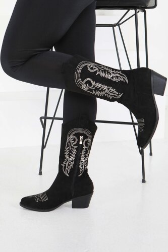 Kadın Siyah Nakışlı Kovboy Fermuarlı Süet Çizme - 27851-SIYAH - 3