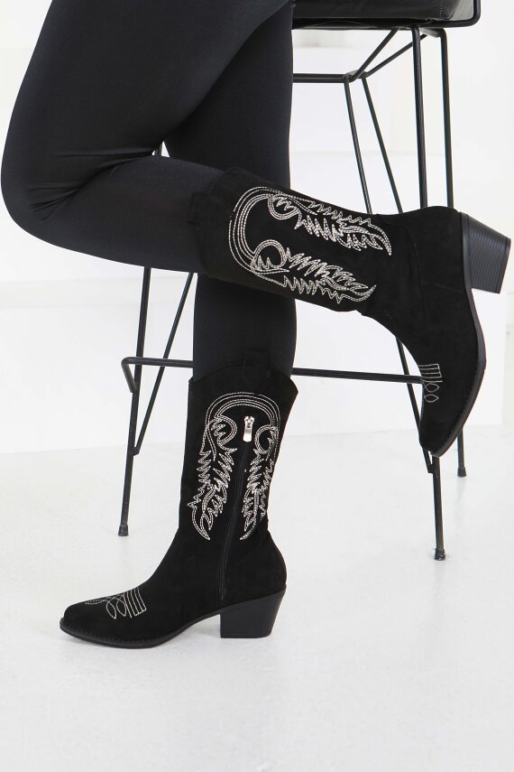 Kadın Siyah Nakışlı Kovboy Fermuarlı Süet Çizme - 27851-SIYAH - 3