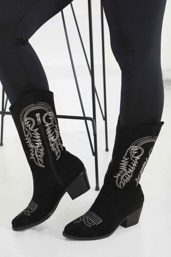 Kadın Siyah Nakışlı Kovboy Fermuarlı Süet Çizme - 27851-SIYAH - 5