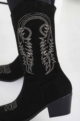 Kadın Siyah Nakışlı Kovboy Fermuarlı Süet Çizme - 27851-SIYAH - 6