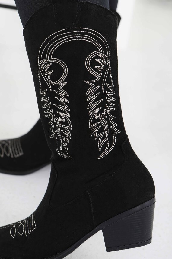 Kadın Siyah Nakışlı Kovboy Fermuarlı Süet Çizme - 27851-SIYAH - 6