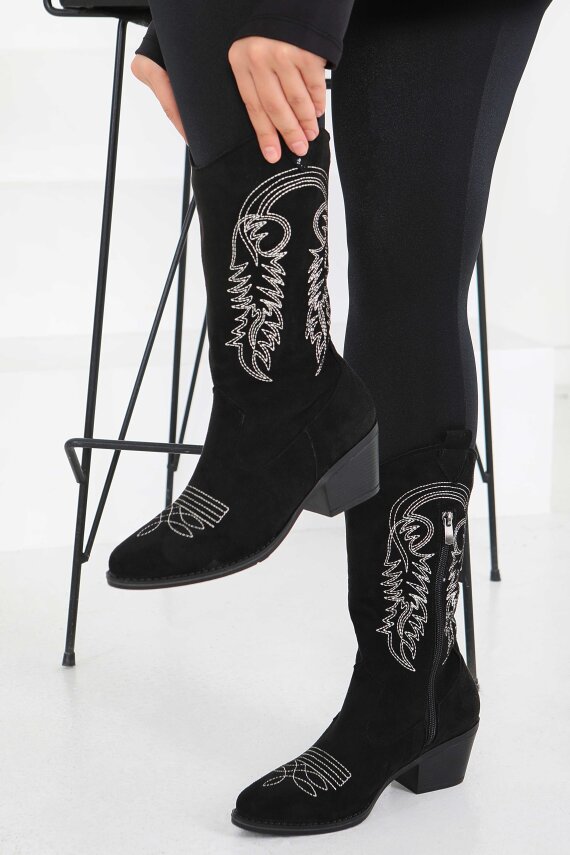 Kadın Siyah Nakışlı Kovboy Fermuarlı Süet Çizme - 27851-SIYAH - 2