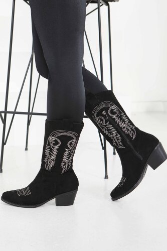 Kadın Siyah Nakışlı Kovboy Fermuarlı Süet Çizme - 27851-SIYAH - 4