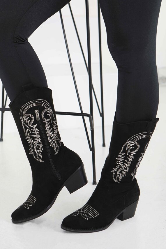 Kadın Siyah Nakışlı Kovboy Fermuarlı Süet Çizme - 27851-SIYAH - 5