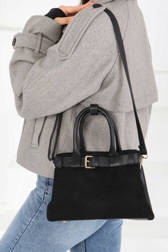 Kadın Siyah Süet Detaylı El Çantası - 27842-SIYAH