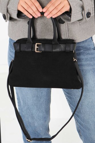 Kadın Siyah Süet Detaylı El Çantası - 27842-SIYAH - 2