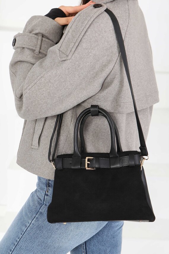 Kadın Siyah Süet Detaylı El Çantası - 27842-SIYAH - 1