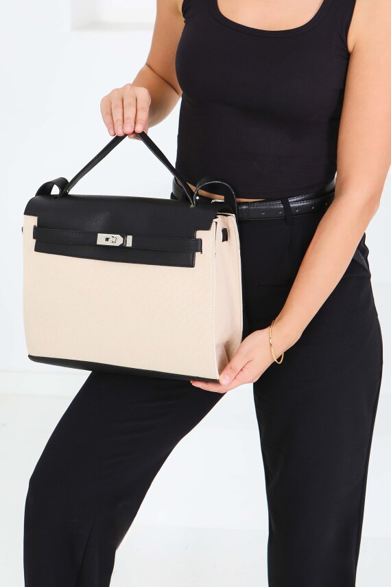 Kadın Siyah Suni Deri Detaylı Omuz Çantası - 27843-SIYAH - 2