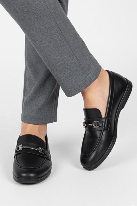 Kadın Siyah Tokalı Cilt Babet - 27908-SIYAH - 1