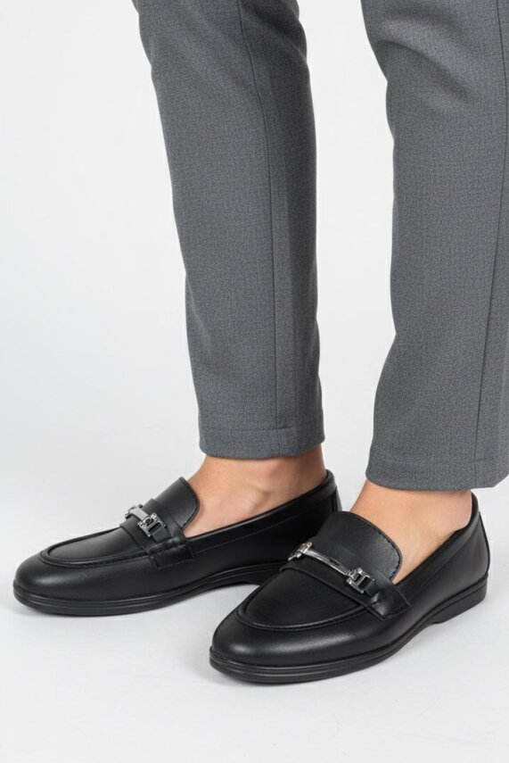 Kadın Siyah Tokalı Cilt Babet - 27908-SIYAH - 2