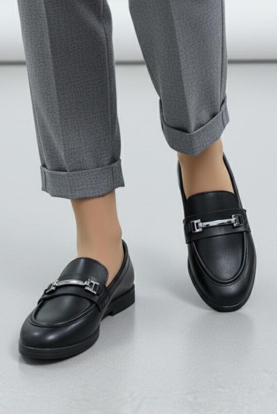 Kadın Siyah Tokalı Cilt Babet - 27908-SIYAH - 3