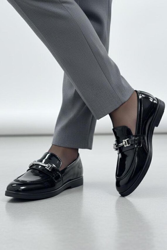 Kadın Siyah Tokalı Cilt Babet Ayakkabı - 27909-SIYAH - 1