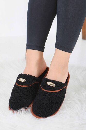 Kadın Siyah Tokalı Peluş Ev Terliği - 27912-SIYAH - 3