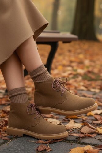 Kadın Taba Bağcıklı Yarım Süet Bot - 27906-TABA