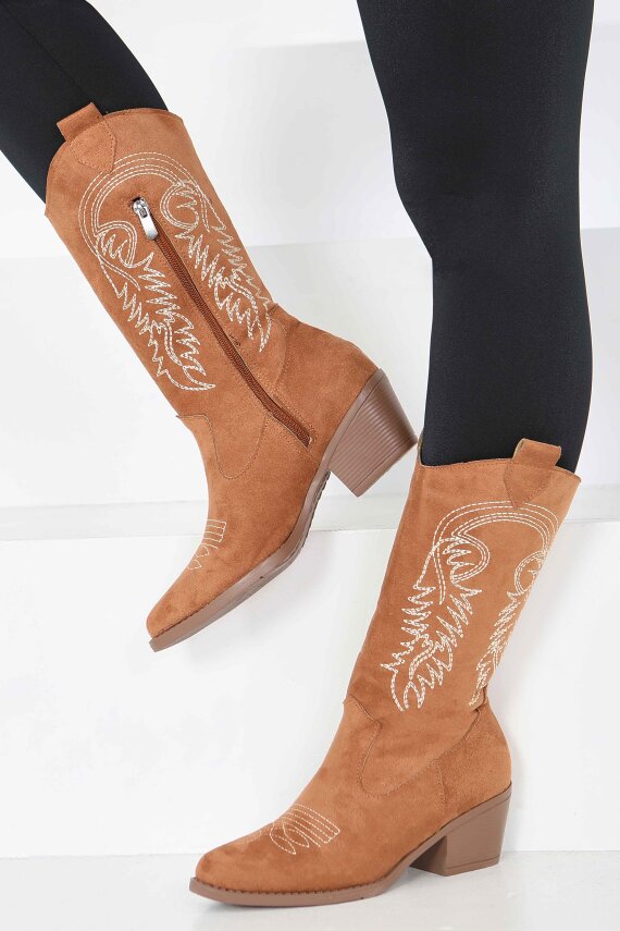 Kadın Taba Nakışlı Kovboy Fermuarlı Süet Çizme - 27851-TABA - 1