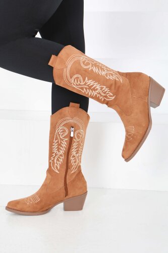 Kadın Taba Nakışlı Kovboy Fermuarlı Süet Çizme - 27851-TABA - 2