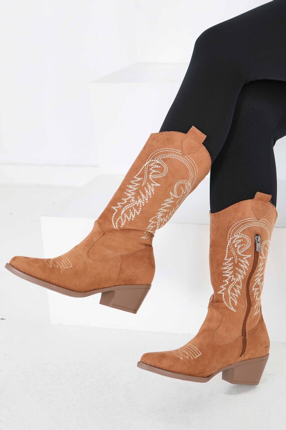 Kadın Taba Nakışlı Kovboy Fermuarlı Süet Çizme - 27851-TABA - 3