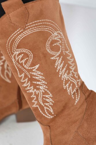 Kadın Taba Nakışlı Kovboy Fermuarlı Süet Çizme - 27851-TABA - 4