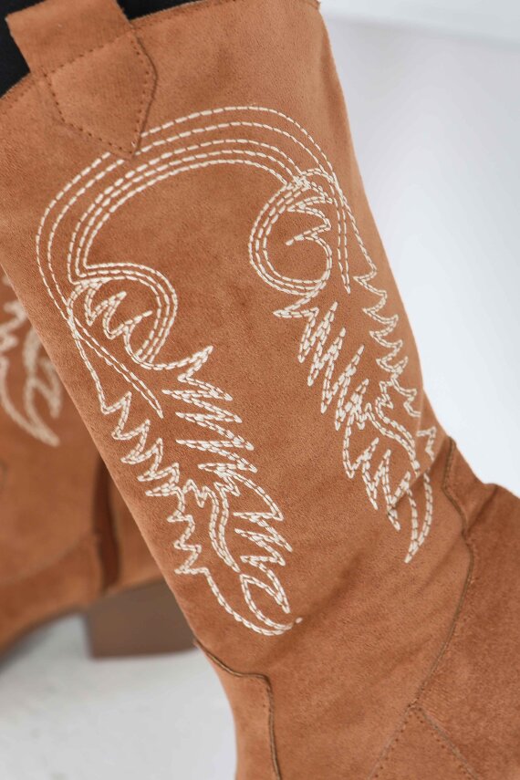 Kadın Taba Nakışlı Kovboy Fermuarlı Süet Çizme - 27851-TABA - 4