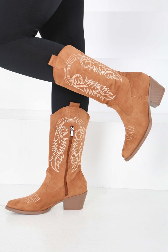 Kadın Taba Nakışlı Kovboy Fermuarlı Süet Çizme - 27851-TABA - 2