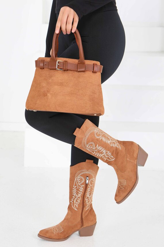 Kadın Taba Süet Detaylı El Çantası - 27842-TABA - 5