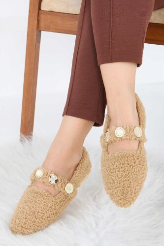 Kadın Vizon İnci Ve Tuğra Detaylı Peluş Babet - 27911-VIZON - 2