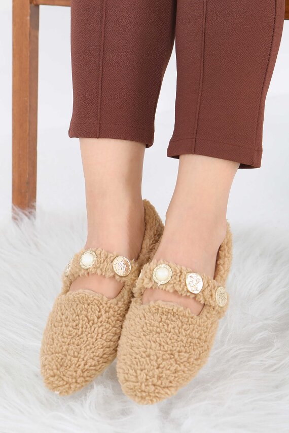 Kadın Vizon İnci Ve Tuğra Detaylı Peluş Babet - 27911-VIZON - 3