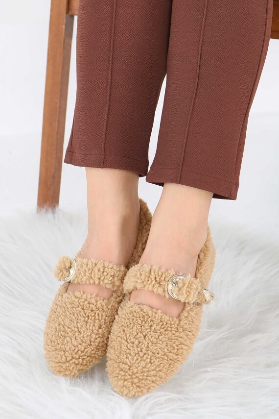 Kadın Vizon Kemer Detaylı Peluş Babet - 27910-VIZON - 2