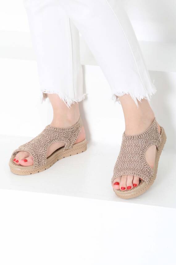 Kadın Vizon Nakış Hasırlı Sandalet - 27156 - 1