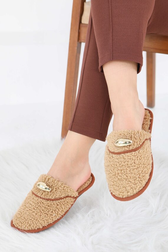 Kadın Vizon Tokalı Peluş Ev Terliği - 27912-VIZON - 1