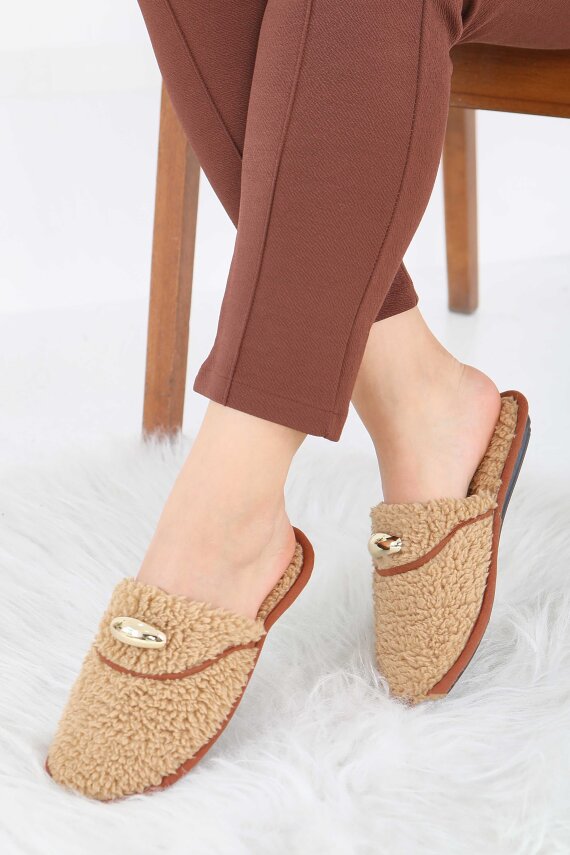 Kadın Vizon Tokalı Peluş Ev Terliği - 27912-VIZON - 3