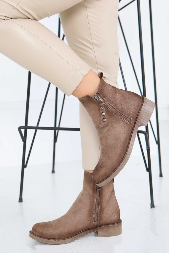 Kadın Vizon Yanları Fermuarlı Süet Bot - 27850-VIZON - 2