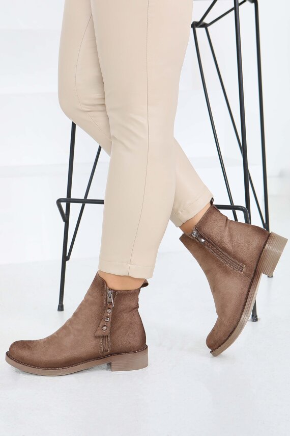 Kadın Vizon Yanları Fermuarlı Süet Bot - 27850-VIZON - 4