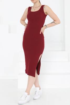 Kare Yaka Yırtmaçlı Midi Elbise Bordo - 27230 - 4