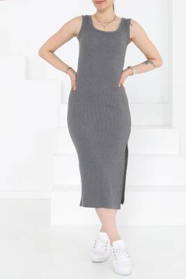Kare Yaka Yırtmaçlı Midi Elbise Füme - 27230 - 3
