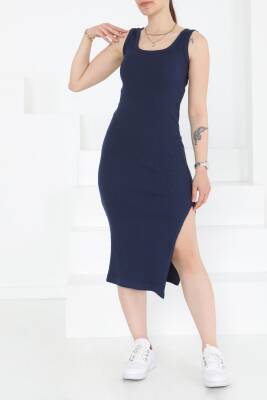 Kare Yaka Yırtmaçlı Midi Elbise Lacivert - 27230 