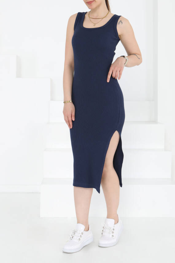 Kare Yaka Yırtmaçlı Midi Elbise Lacivert - 27230 - 4