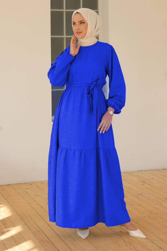 Katlı Elbise Saks - 26624 - 1