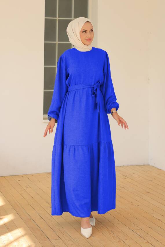 Katlı Elbise Saks - 26624 - 2