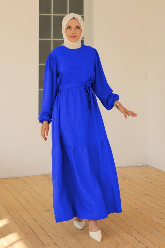 Katlı Elbise Saks - 26624 - 3