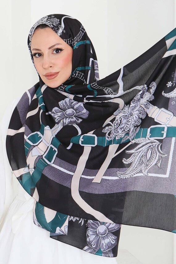 Kemerli Çiçek Bahçesi Serisi Pamuk Şal Petrol - 27858-PETROL - 1