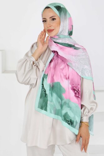 Kıraş Büyük Çiçek Desenli Şal Açik Haki - 27621 - 2