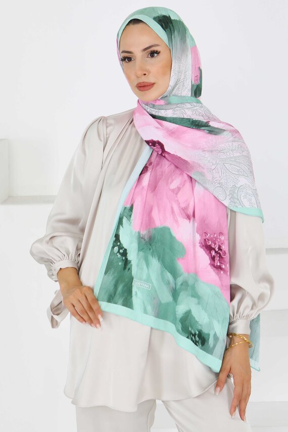 Kıraş Büyük Çiçek Desenli Şal Açik Haki - 27621 - 3