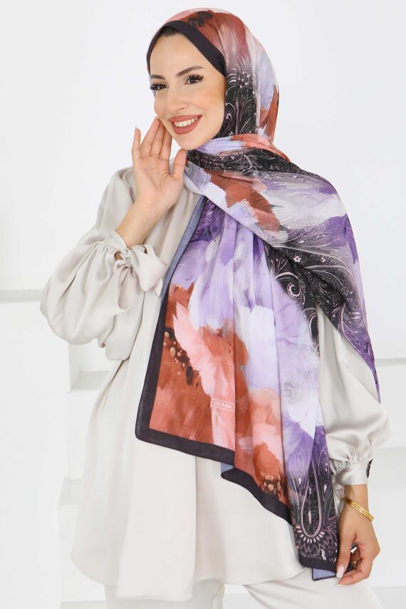 Kıraş Büyük Çiçek Desenli Şal Lila - 27621 - 1