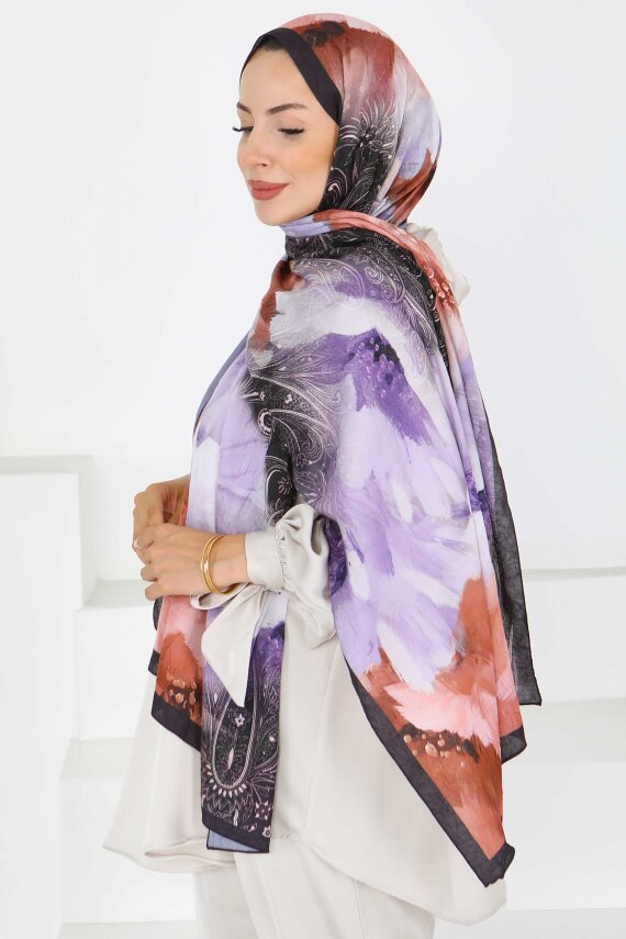 Kıraş Büyük Çiçek Desenli Şal Lila - 27621 - 3